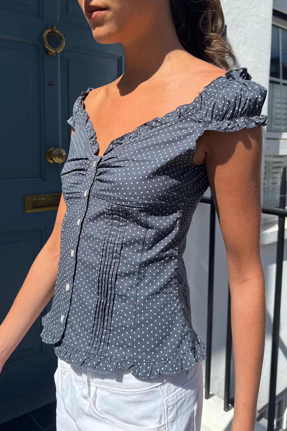 Elena Polka Dot Top | Faded Navy With White Polka Dots