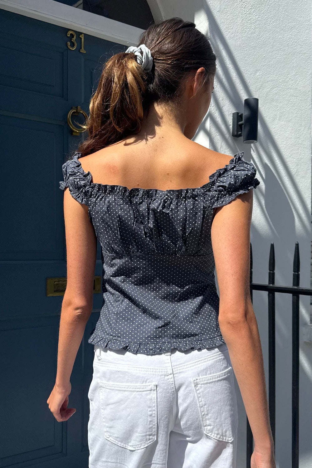 Elena Polka Dot Top | Faded Navy With White Polka Dots