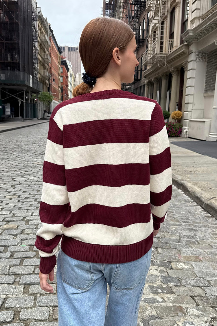 Brianna Cotton Thick Stripe Sweater | Burgundy Ivory Stripes / S/M