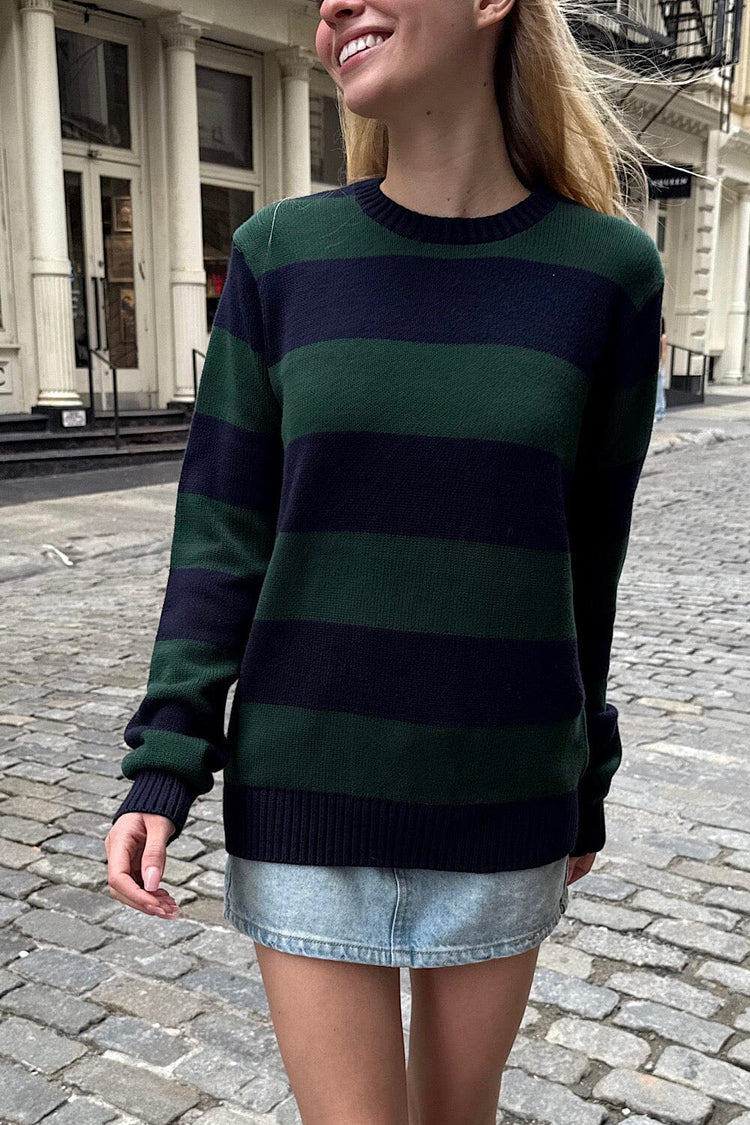 Brianna Cotton Thick Stripe Sweater | Navy Blue-and Dark Green Stripes / S/M