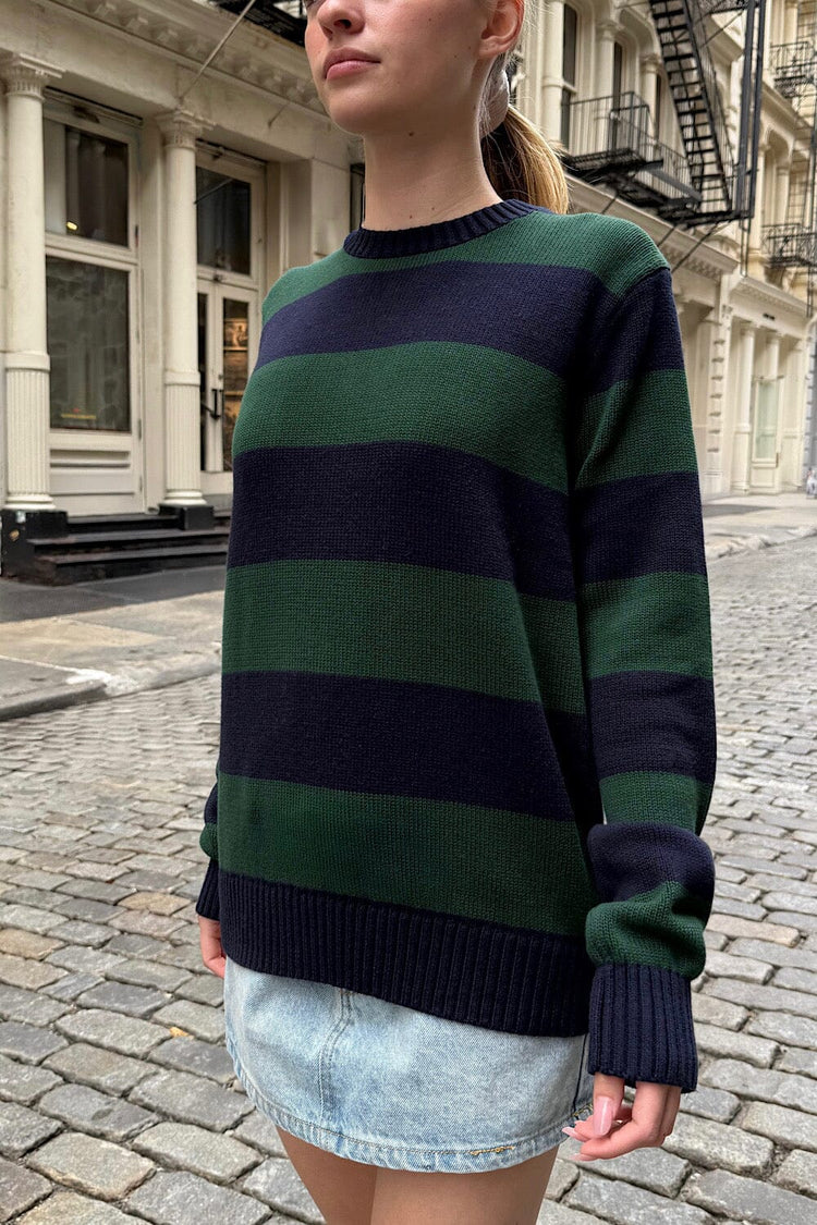 Brianna Cotton Thick Stripe Sweater | Navy Blue-and Dark Green Stripes / S/M