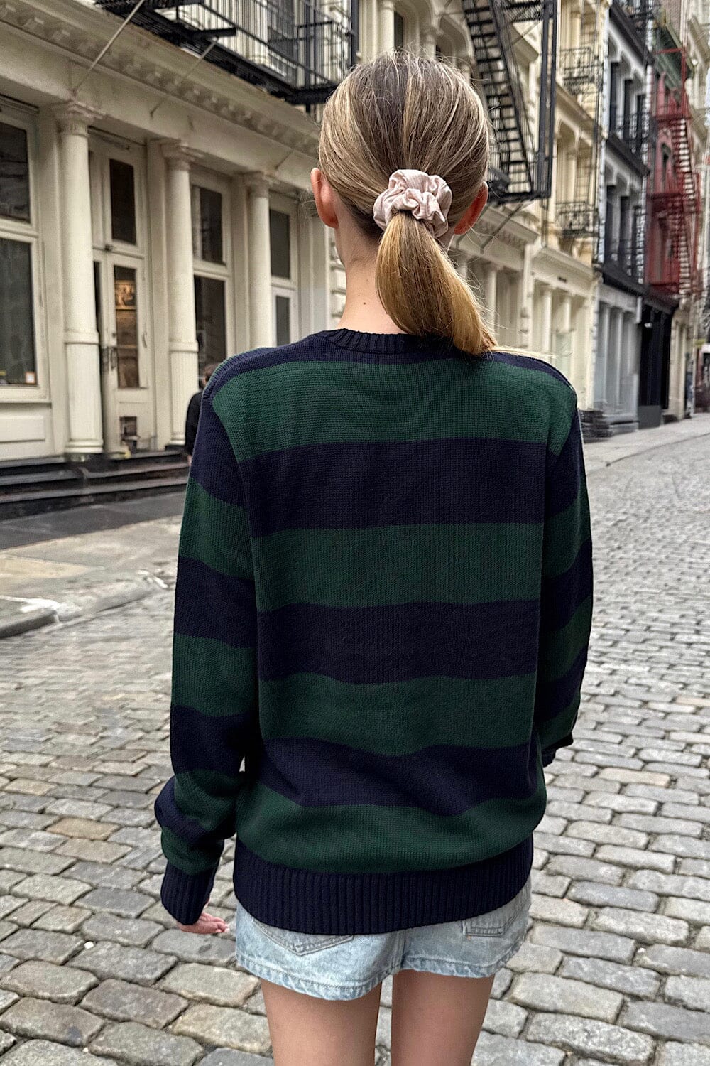 Brianna Cotton Thick Stripe Sweater | Navy Blue-and Dark Green Stripes / S/M