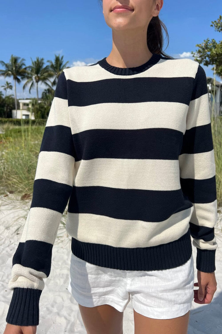 Martha Cotton Thick Stripe Sweater | White With Navy Blue Stripes / S/M