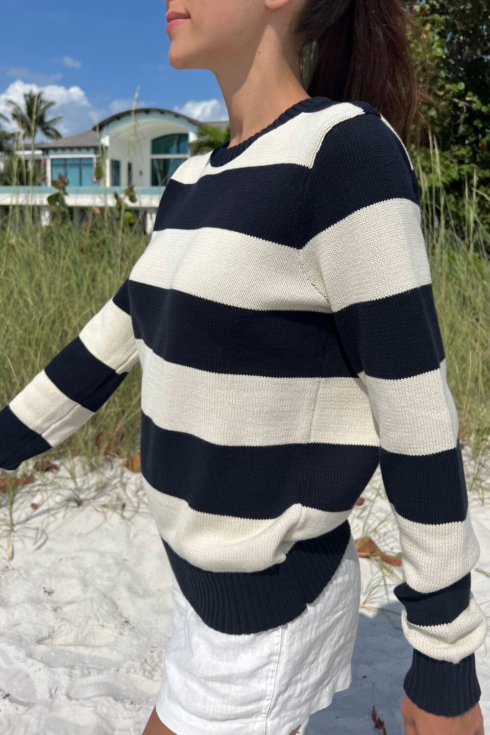 Martha Cotton Thick Stripe Sweater | White With Navy Blue Stripes / S/M