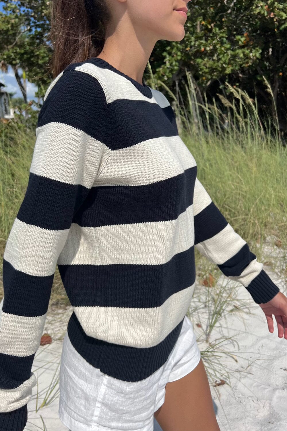 Martha Cotton Thick Stripe Sweater | White With Navy Blue Stripes / S/M