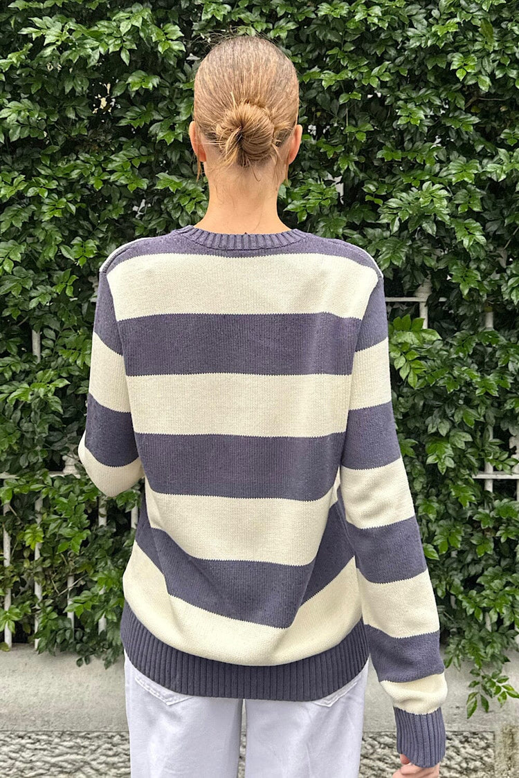 Brianna Cotton Thick Stripe Sweater | Faded Blue with Ivory Stripes / S/M