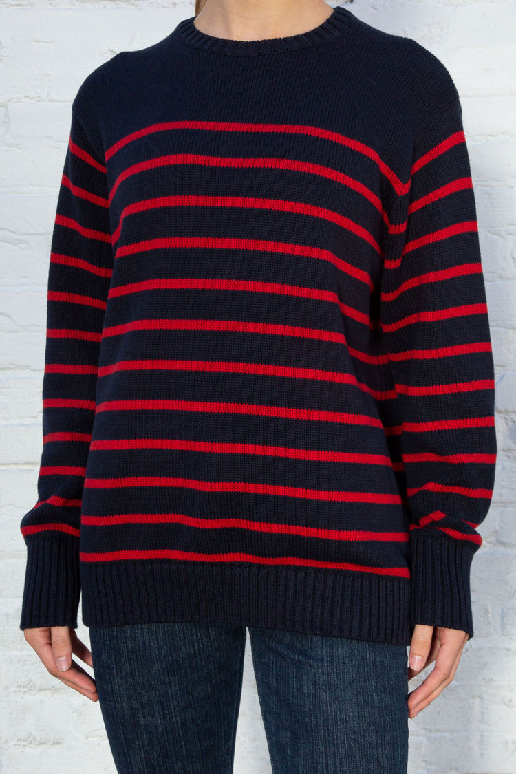 Brianna Cotton Thin Stripe Sweater | Blue With Red Small Stripes
