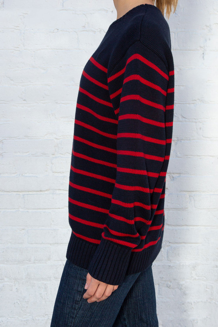 Brianna Cotton Thin Stripe Sweater | Blue With Red Small Stripes