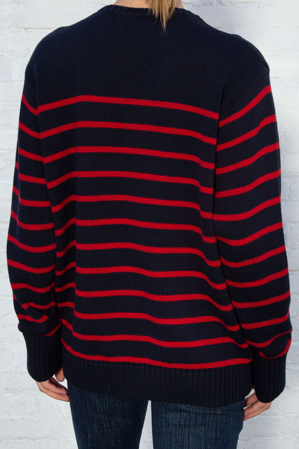 Brianna Cotton Thin Stripe Sweater | Blue With Red Small Stripes