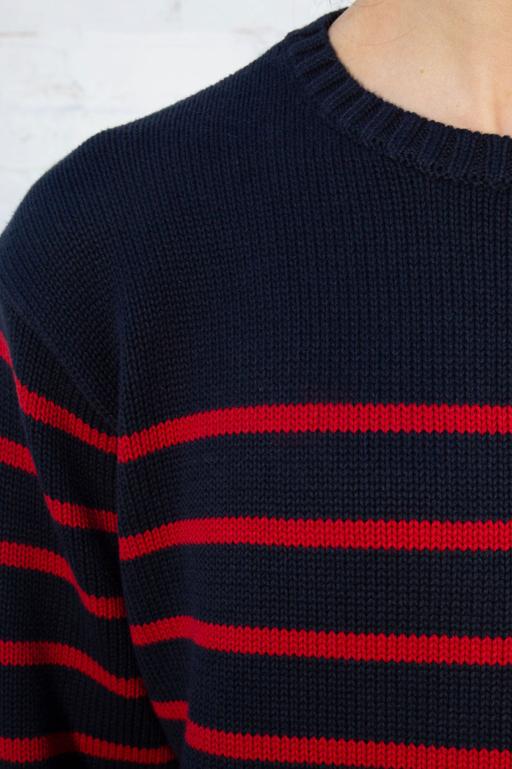 Brianna Cotton Thin Stripe Sweater | Blue With Red Small Stripes