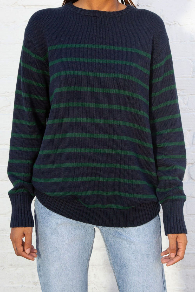 Brianna Cotton Thin Stripe Sweater | Navy Blue And Thin Dark Green Stripes