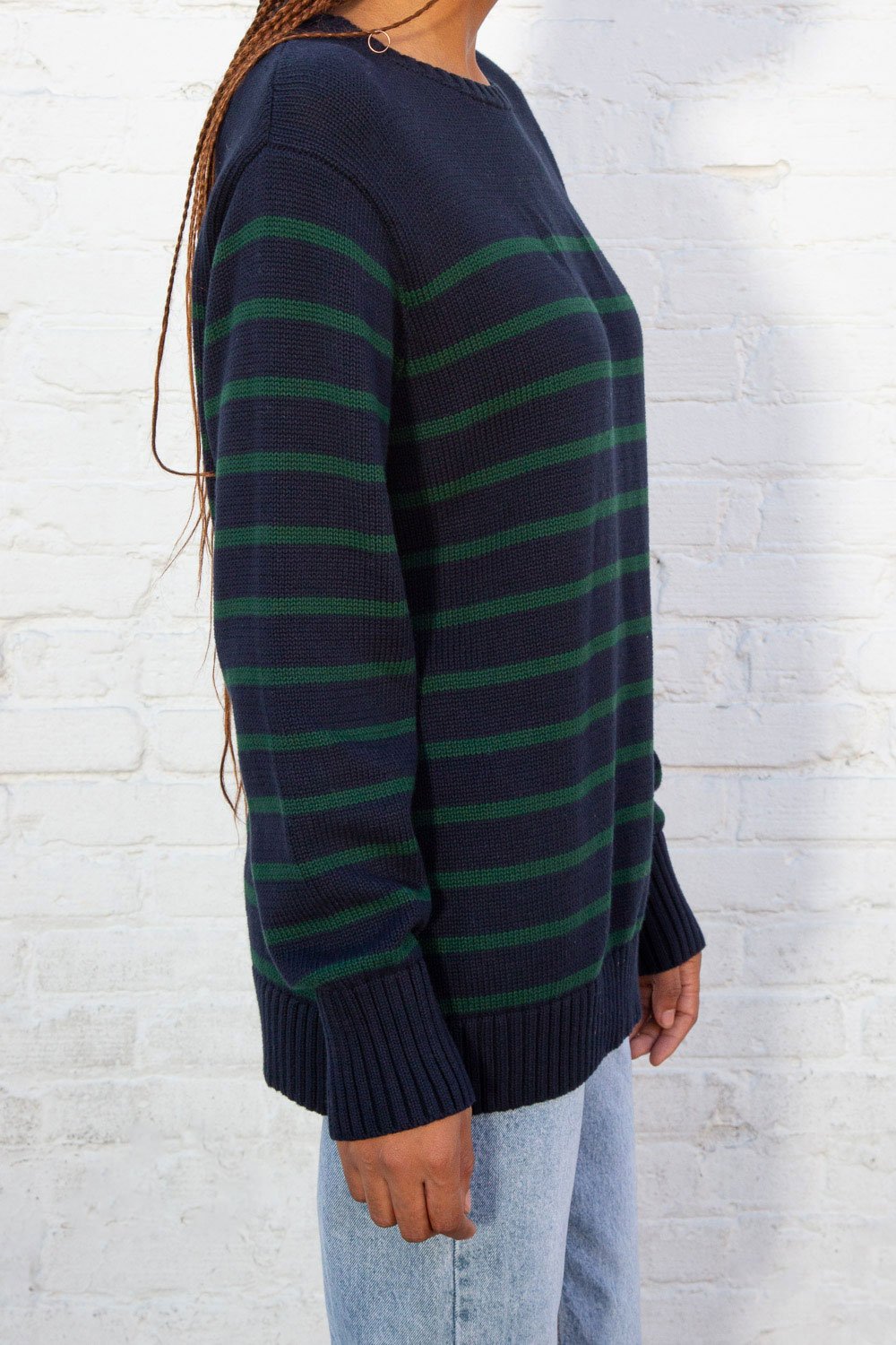 Brianna Cotton Thin Stripe Sweater | Navy Blue And Thin Dark Green Stripes