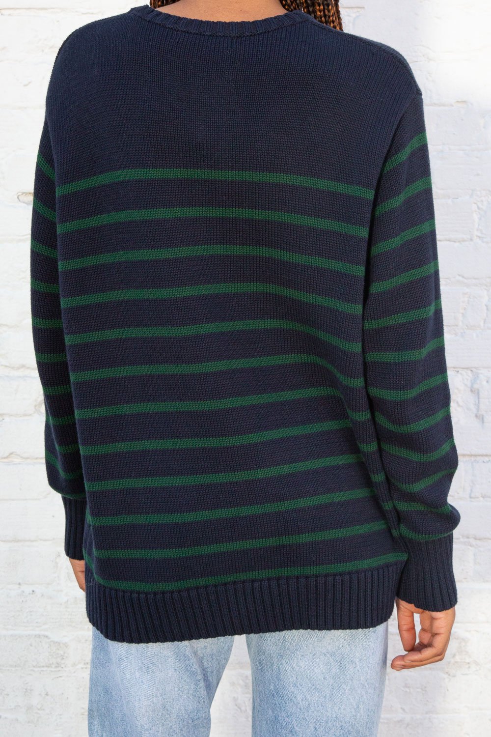 Brianna Cotton Thin Stripe Sweater | Navy Blue And Thin Dark Green Stripes