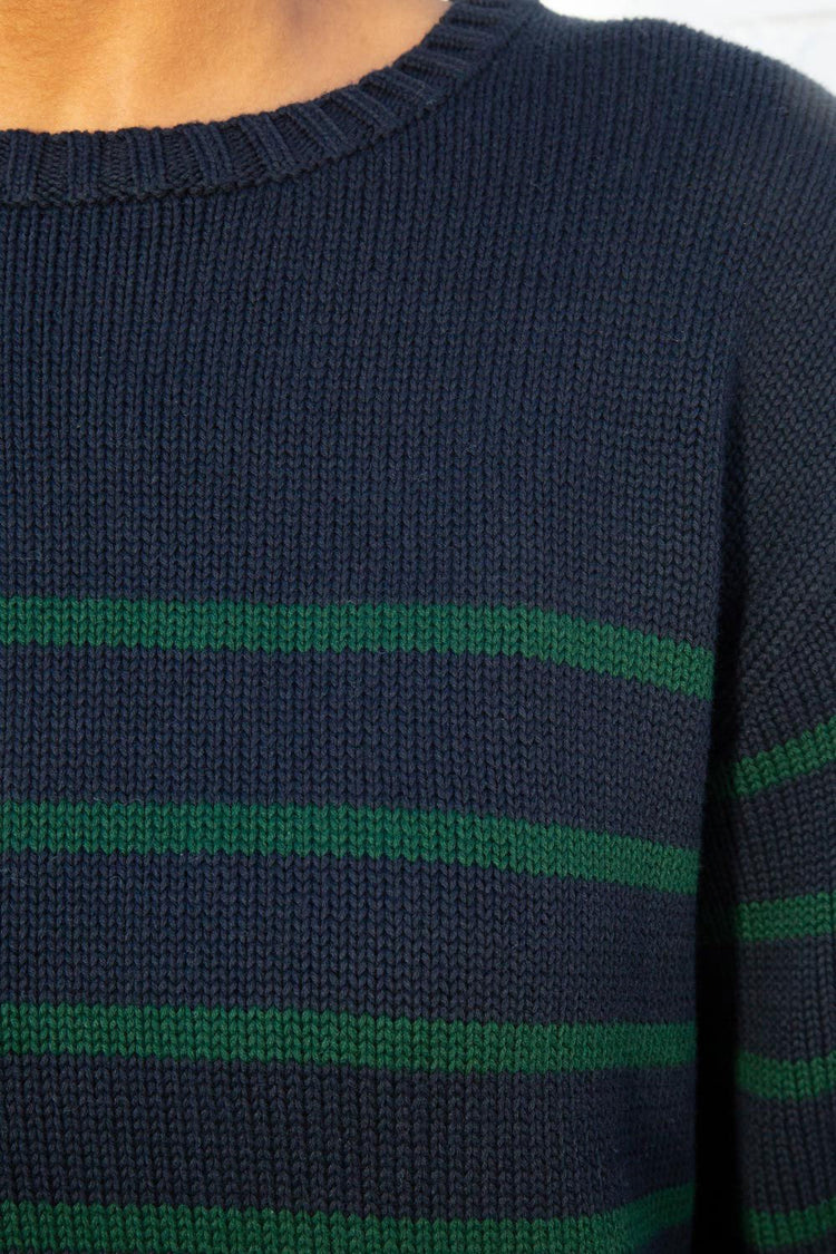 Brianna Cotton Thin Stripe Sweater | Navy Blue And Thin Dark Green Stripes
