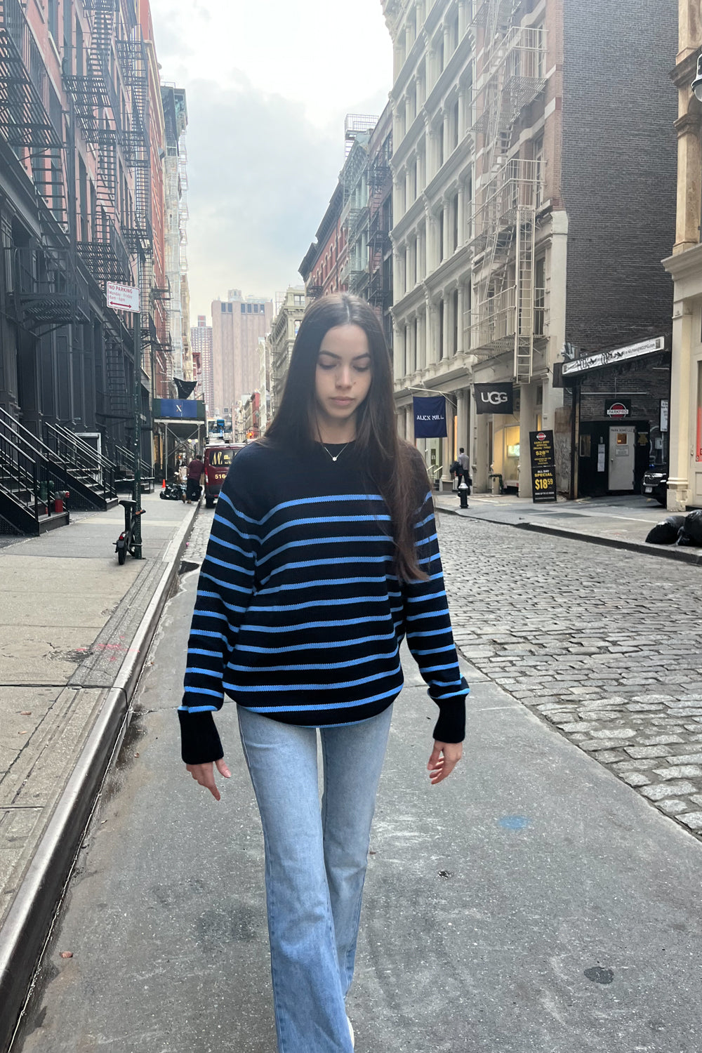 Brianna Cotton Thin Stripe Sweater | Navy and Light Blue Thin Stripes