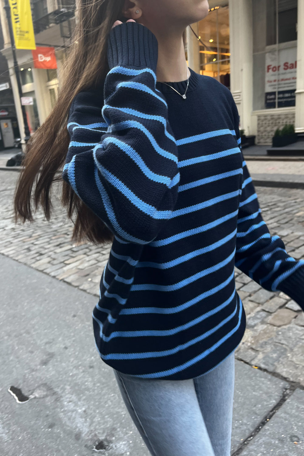 Brianna Cotton Thin Stripe Sweater | Navy and Light Blue Thin Stripes