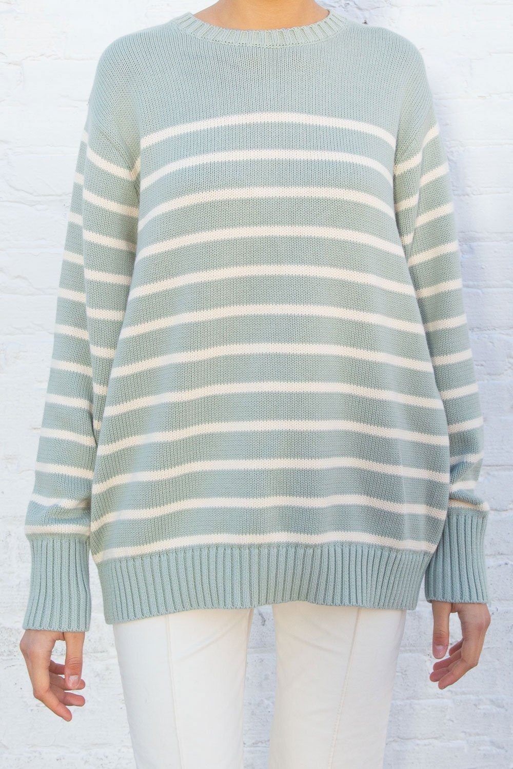 Brianna Cotton Thin Stripe Sweater | Ivory And Sage Stripes