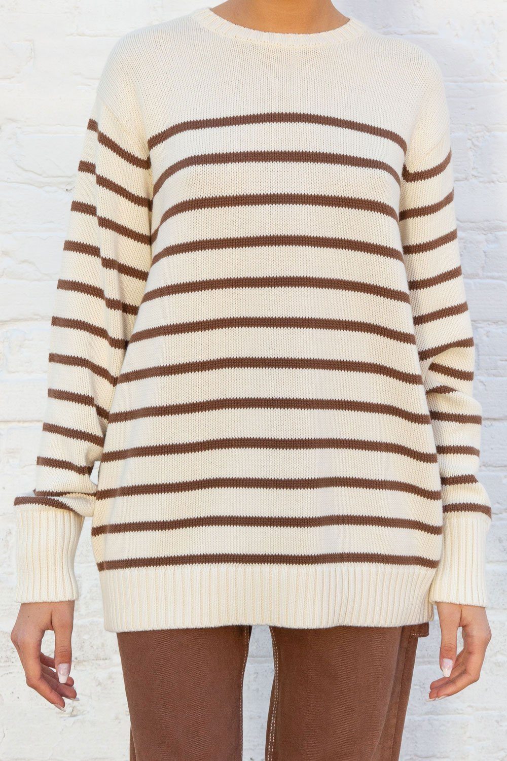 Brianna Cotton Thin Stripe Sweater | Ivory Brown Stripe