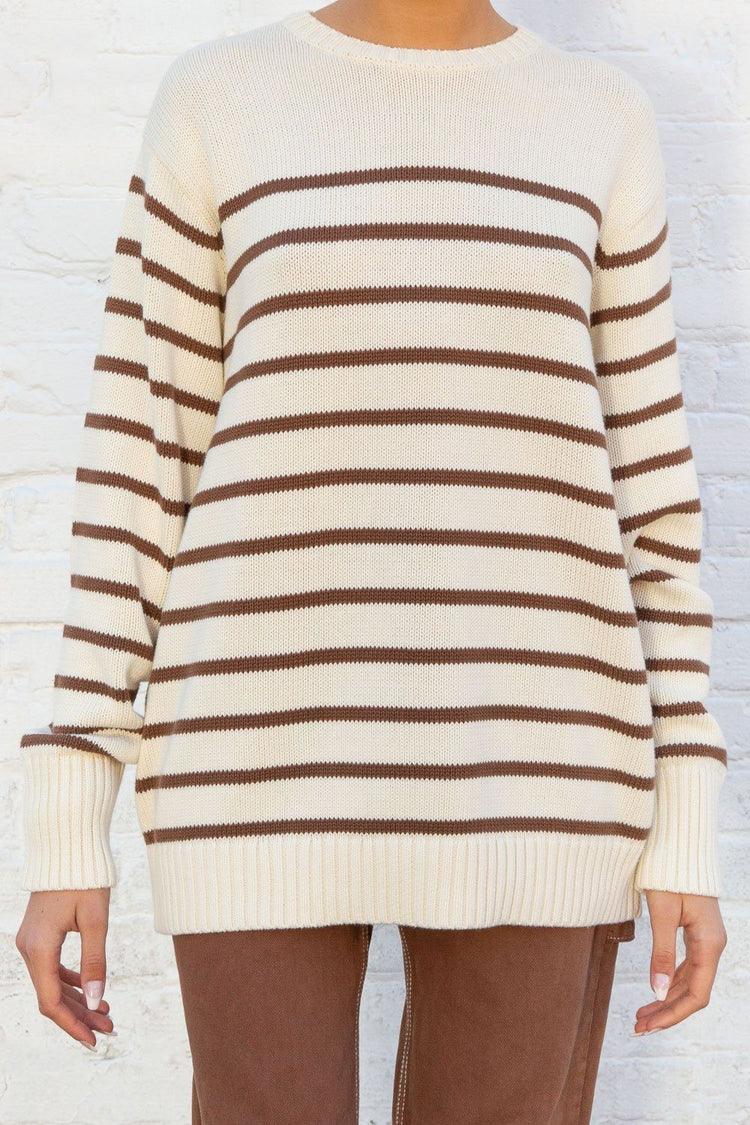 Brianna Cotton Thin Stripe Sweater | Ivory Brown Stripe