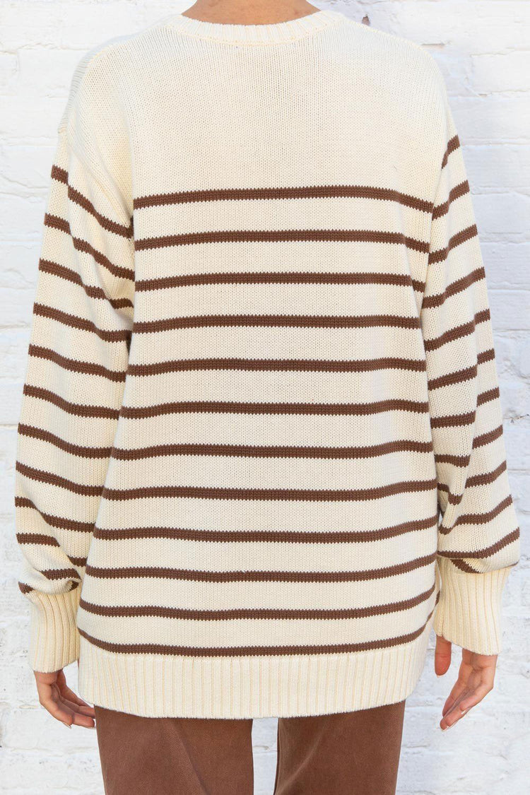 Brianna Cotton Thin Stripe Sweater | Ivory Brown Stripe