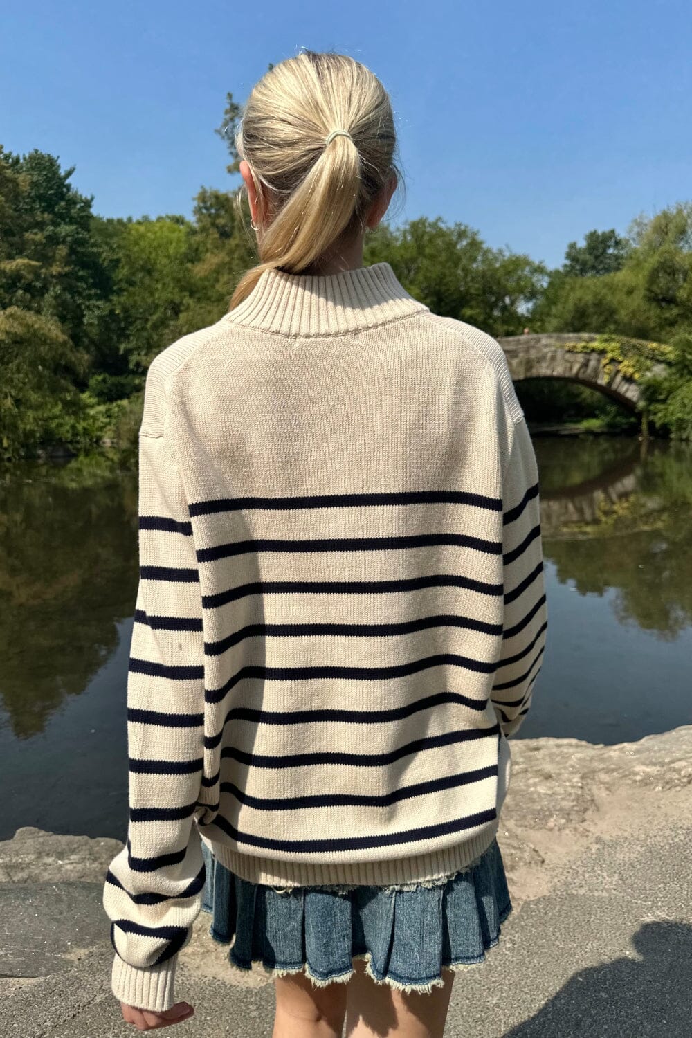 Casey Sweater | white with thin navy stripes