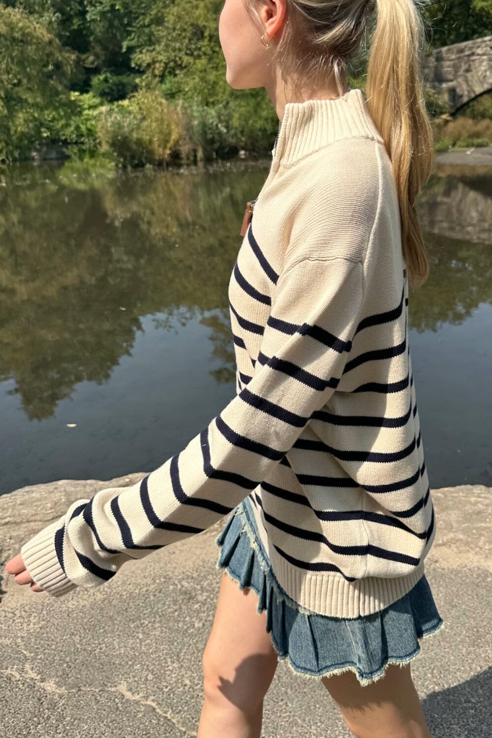 Casey Sweater | white with thin navy stripes