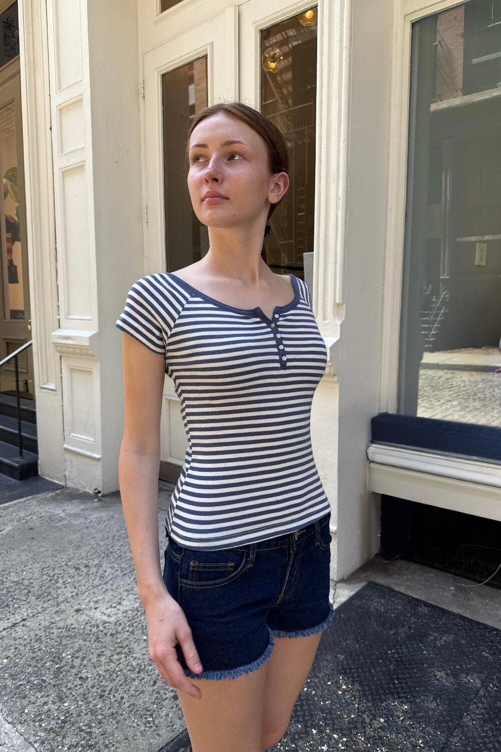 Amanda Top | White With Faded Navy Stripes / XS/S