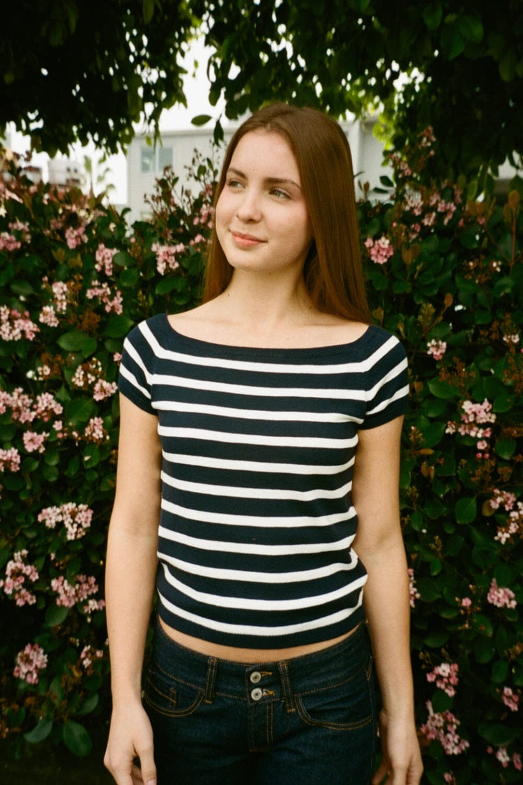 Coral Striped Top | Navy Blue With White Stripes / XS/S