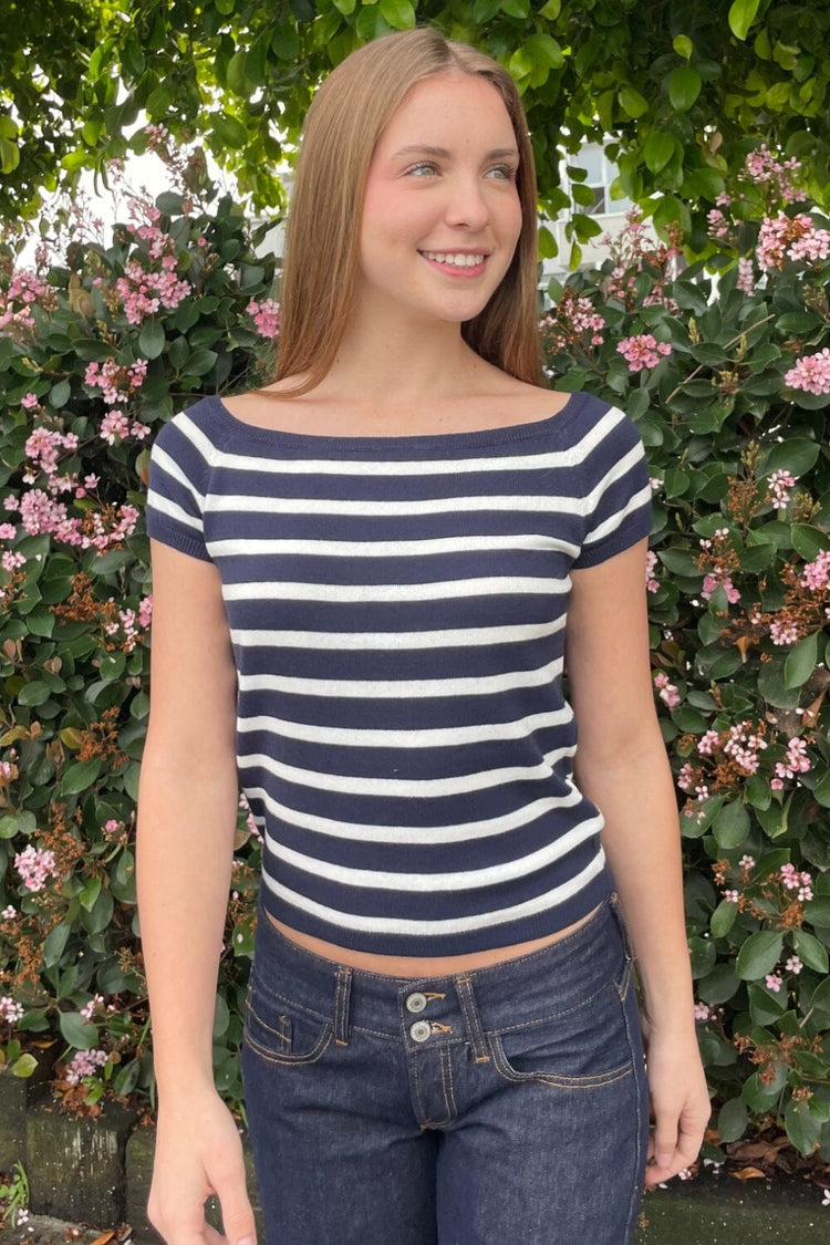 Coral Striped Top | Navy Blue With White Stripes / XS/S