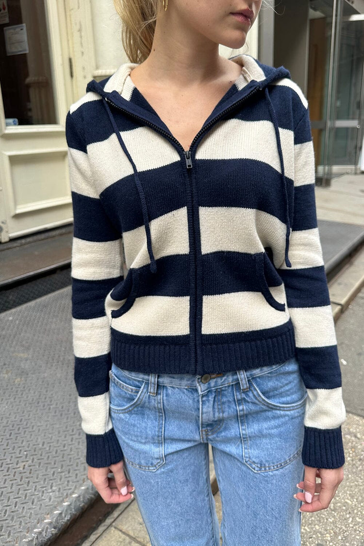 Alana Wool Striped Zip Up Sweater | Navy Blue / Cropped Fit