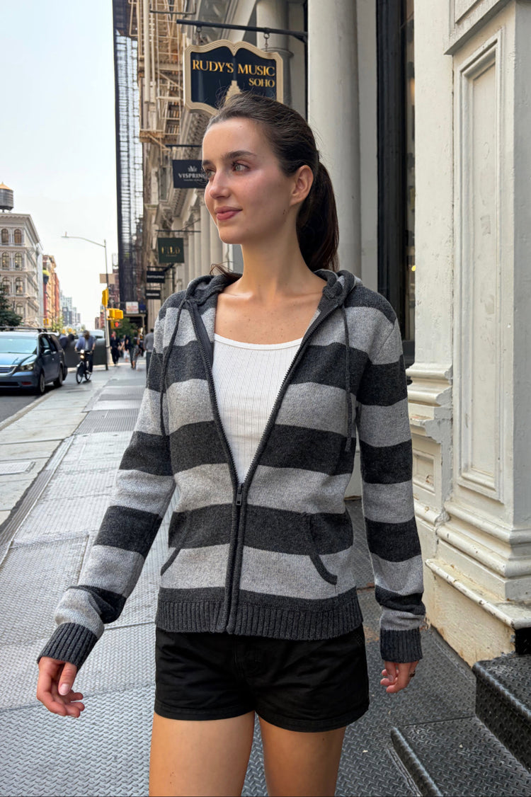 Alana Wool Striped Zip Up Sweater | Heather Grey with Stripes / Cropped Fit