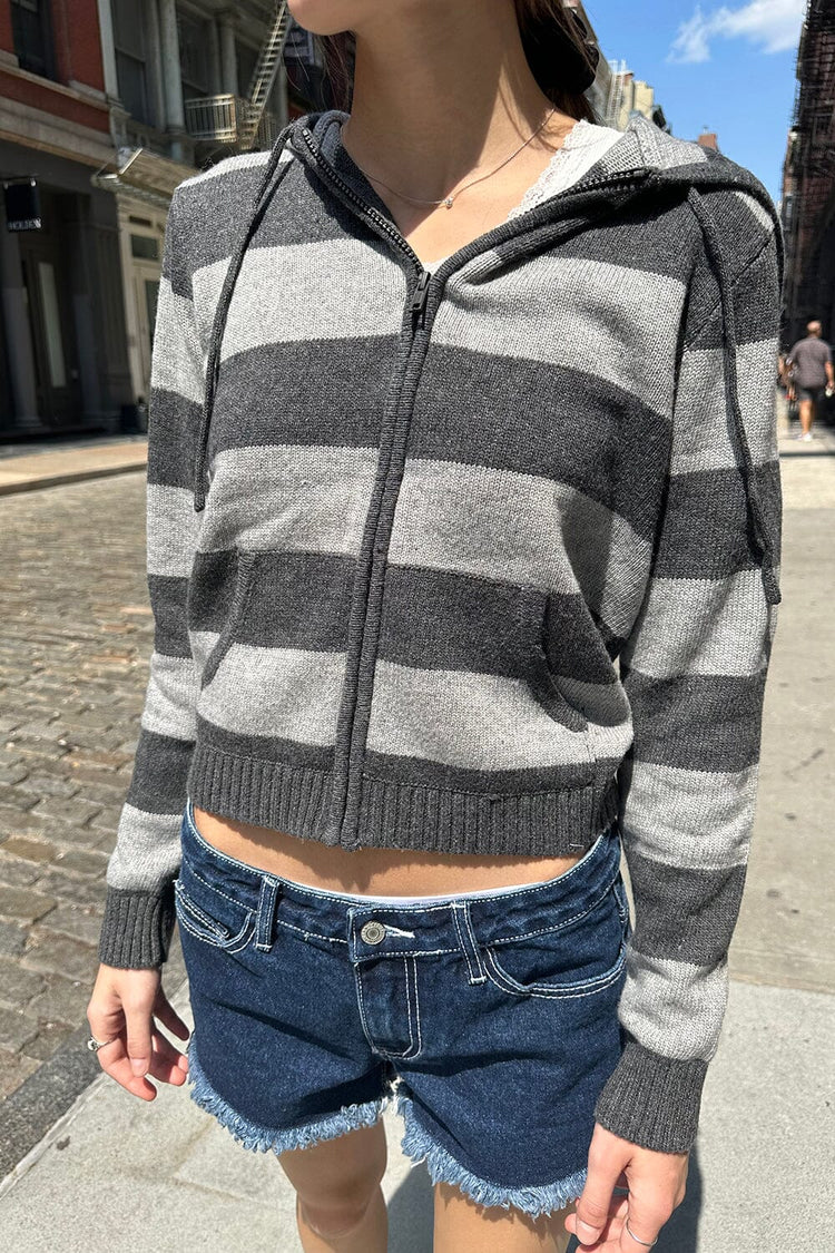 Alana Wool Striped Zip Up Sweater | Heather Grey / Cropped Fit