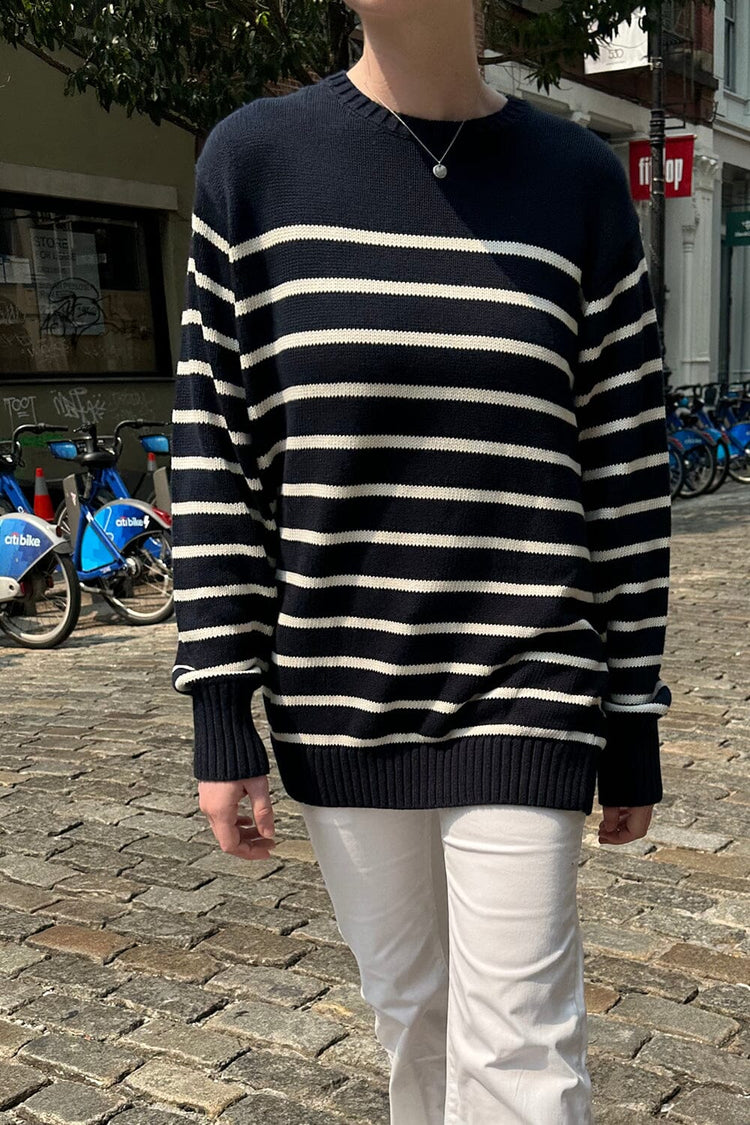 Brianna Cotton Thin Stripe Sweater | Navy Blue With White Stripes