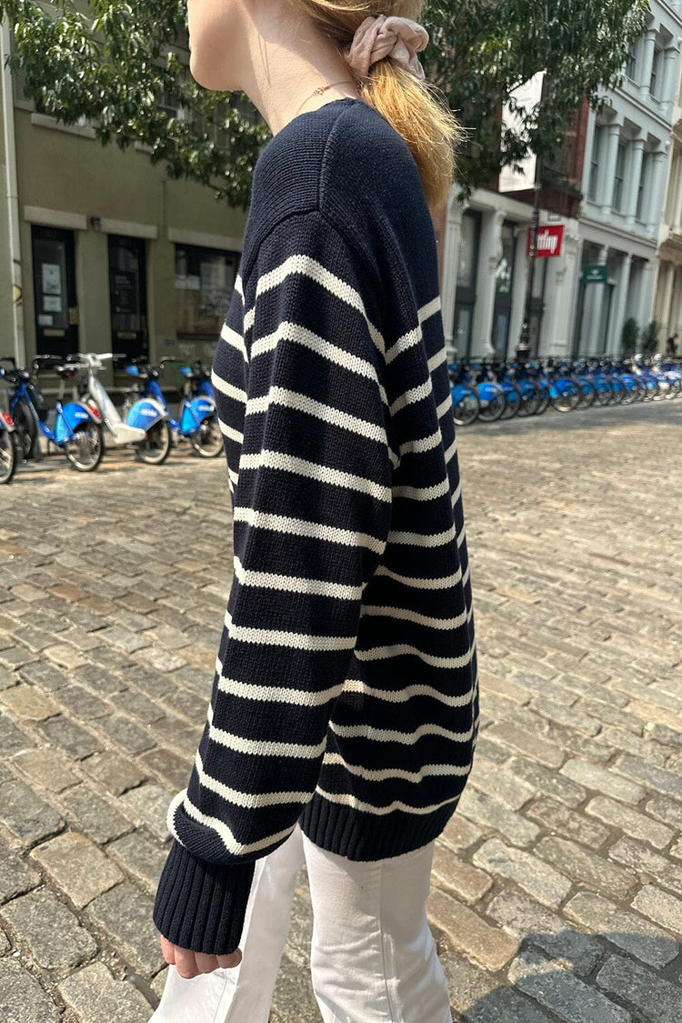Brianna Cotton Thin Stripe Sweater | Navy Blue With White Stripes
