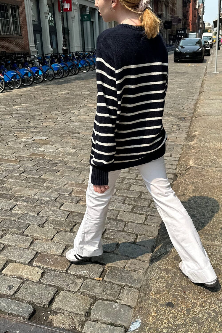 Brianna Cotton Thin Stripe Sweater | Navy Blue With White Stripes