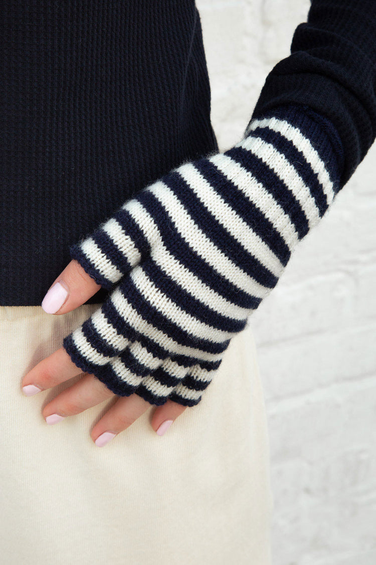 Fingerless Wool Striped Gloves | Cream And Navy Blue Stripe