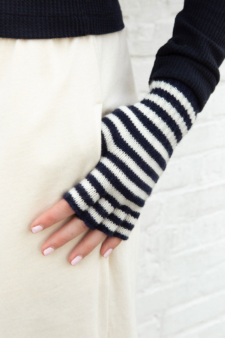 Fingerless Wool Striped Gloves | Cream And Navy Blue Stripe