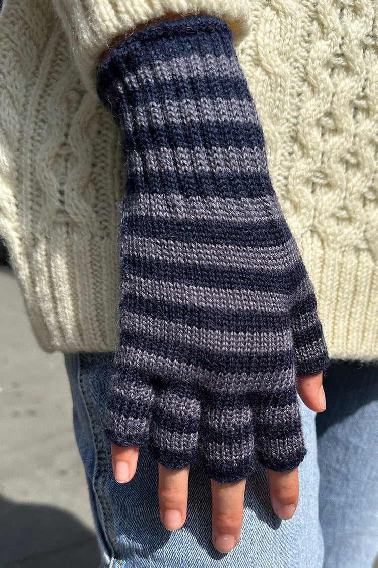 Fingerless Wool Striped Gloves | Navy Dusty Purple Stripes