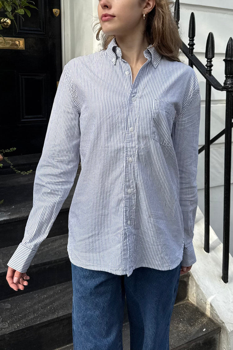 Stephanie Stripe Top | White And Navy Blue Thin Vertical Stripes / S/M