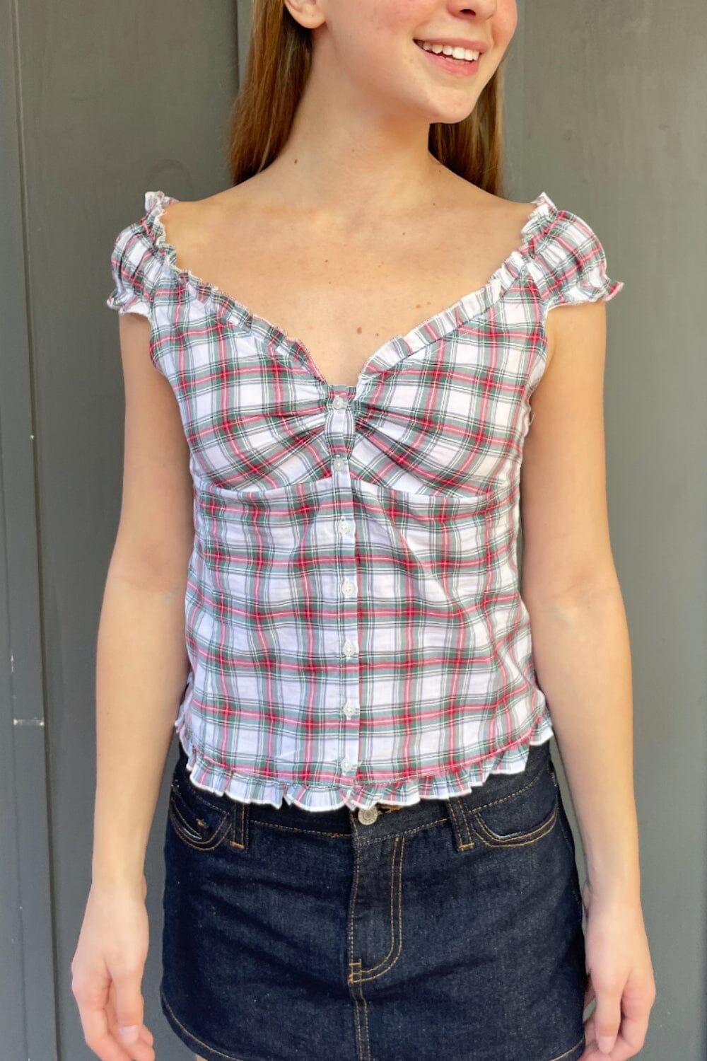 Elena Plaid Top | White with Red Green Blue Plaid / XS/S