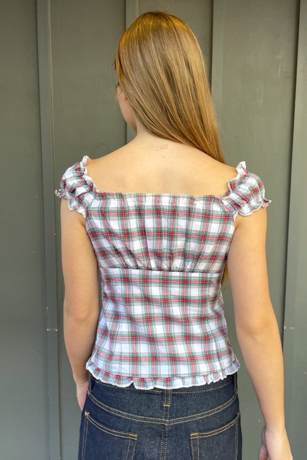 Elena Plaid Top | White with Red Green Blue Plaid / XS/S