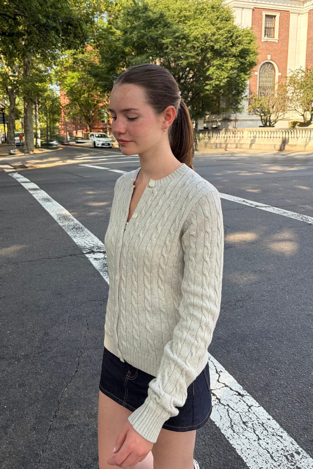 Olsen Wool Cable Knit Cardigan | Light Heather Grey / S