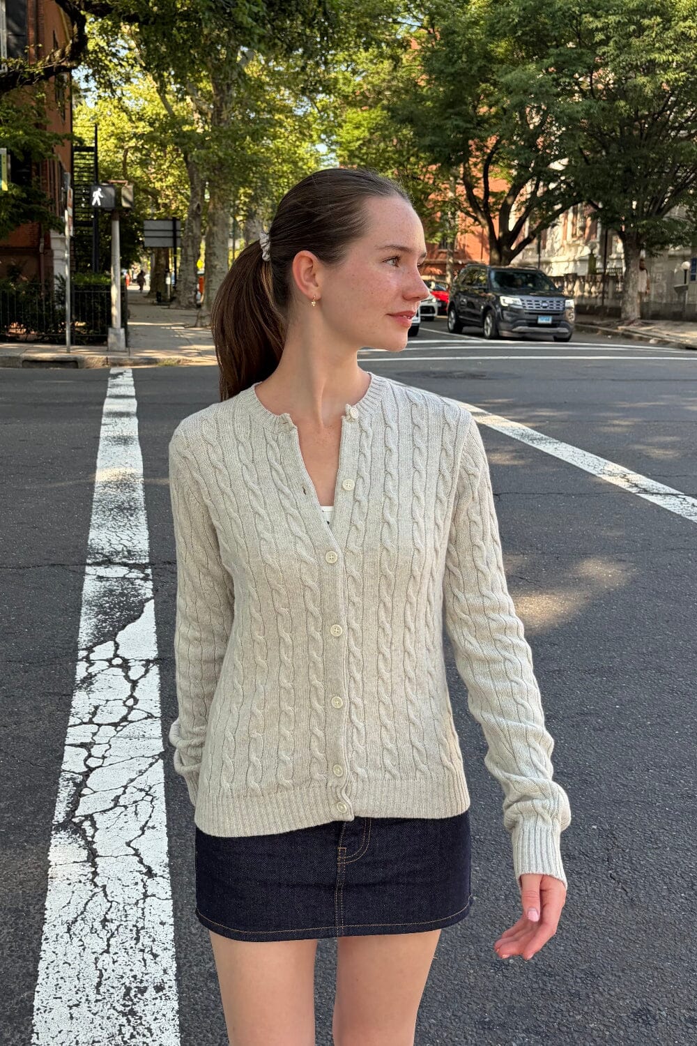 Olsen Wool Cable Knit Cardigan | Light Heather Grey / S