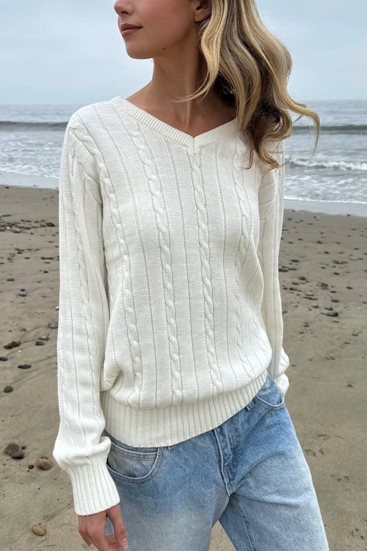 Ida Cotton Cable Knit V-Neck Sweater | Ivory / Regular Fit