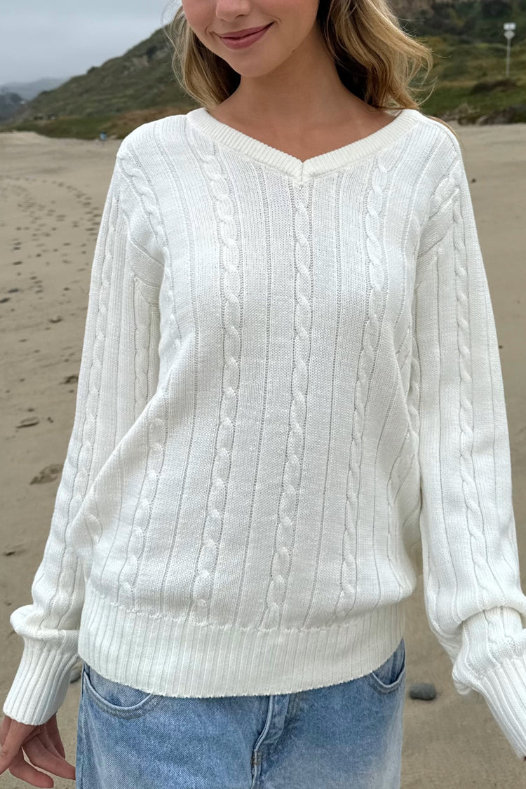 Ida Cotton Cable Knit V-Neck Sweater | Ivory / Regular Fit