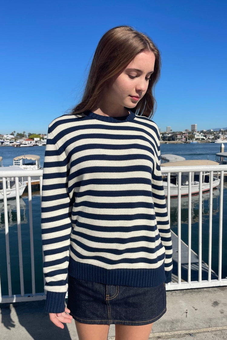 Martha Stripe Sweater | Navy Blue with Ivory Stripes / S/M