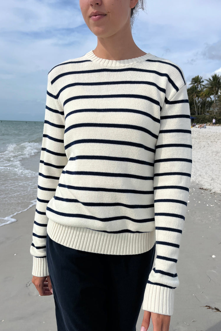 Martha Cotton Thin Stripe Sweater | Ivory with navy blue stripes / S/M