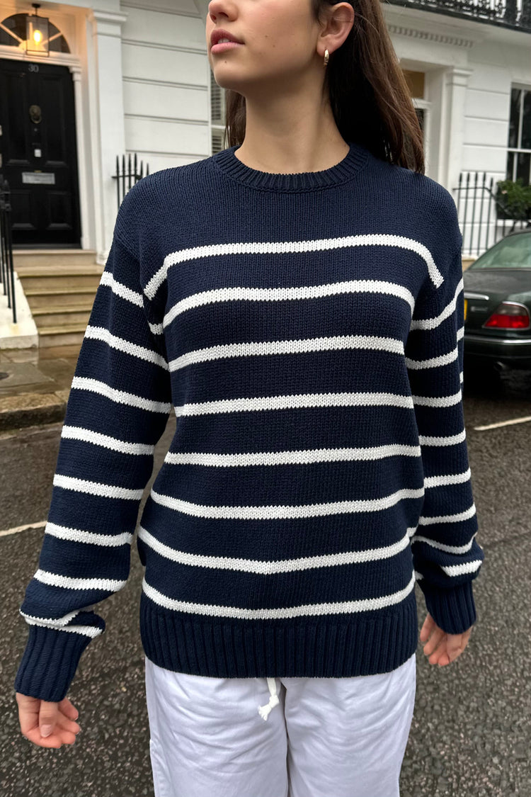 Marie Striped Sweater | Navy Blue With Thin White Stripes