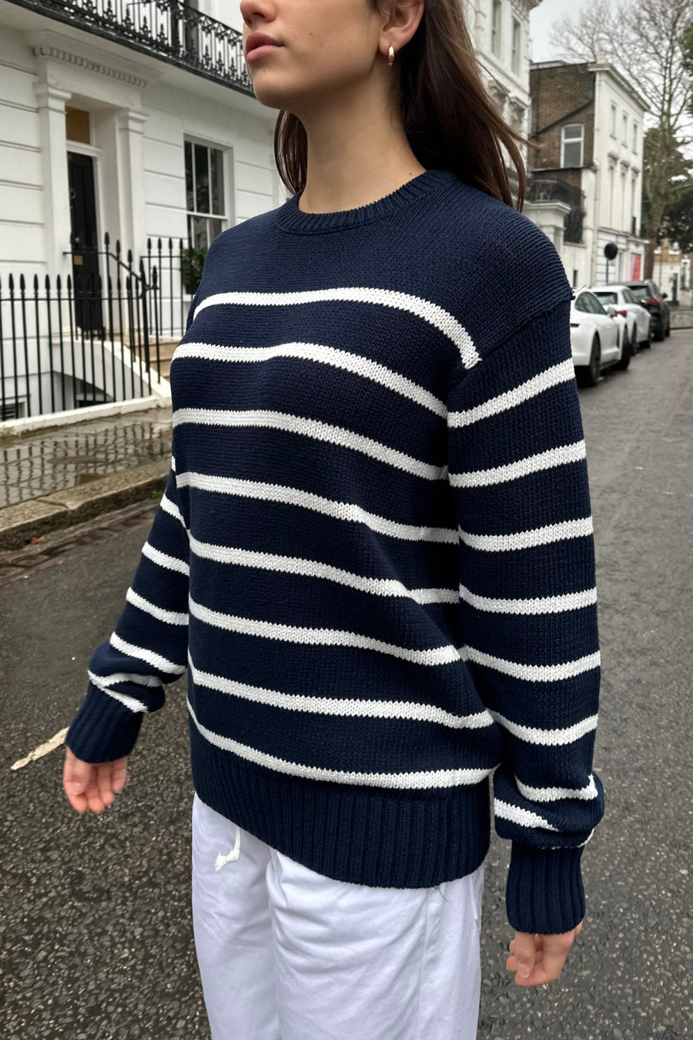 Navy Blue With Thin White Stripes