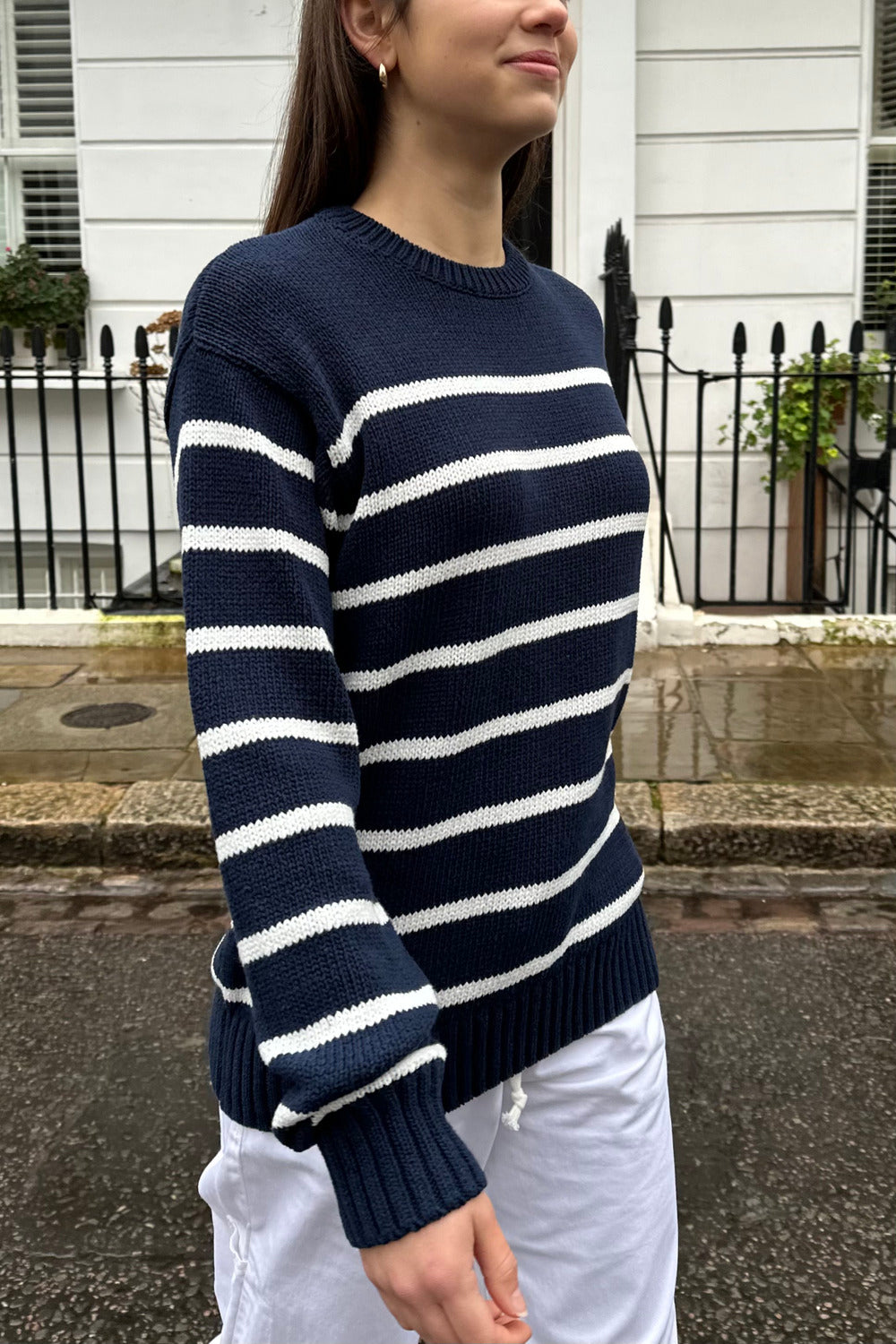 Navy Blue With Thin White Stripes